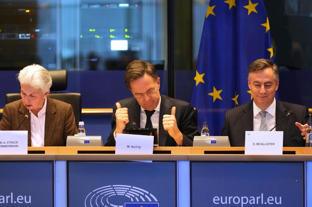 NATO Secretary General Mark Rutte, center, addresses the Security and Defence Committee at the European Parliament