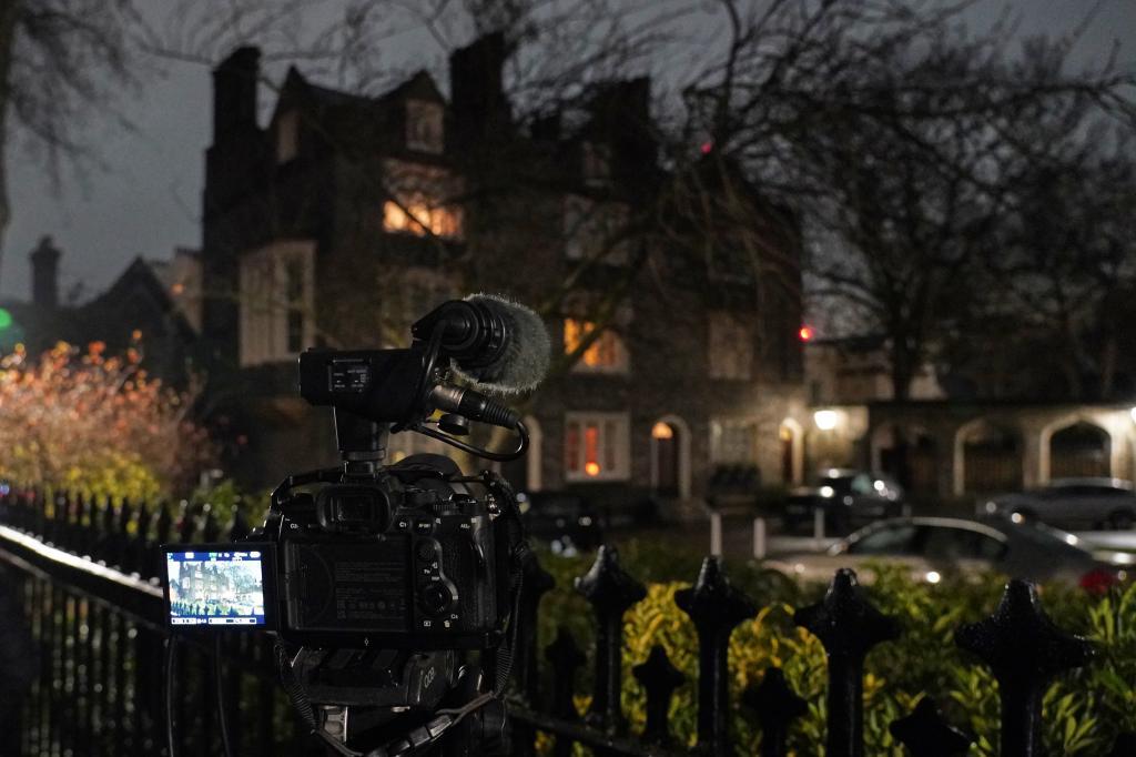 A TV camera stands in front of Peter Mandelson's house in London