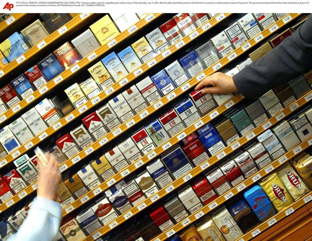 Packets of tobacco in a tobacconist's shop.