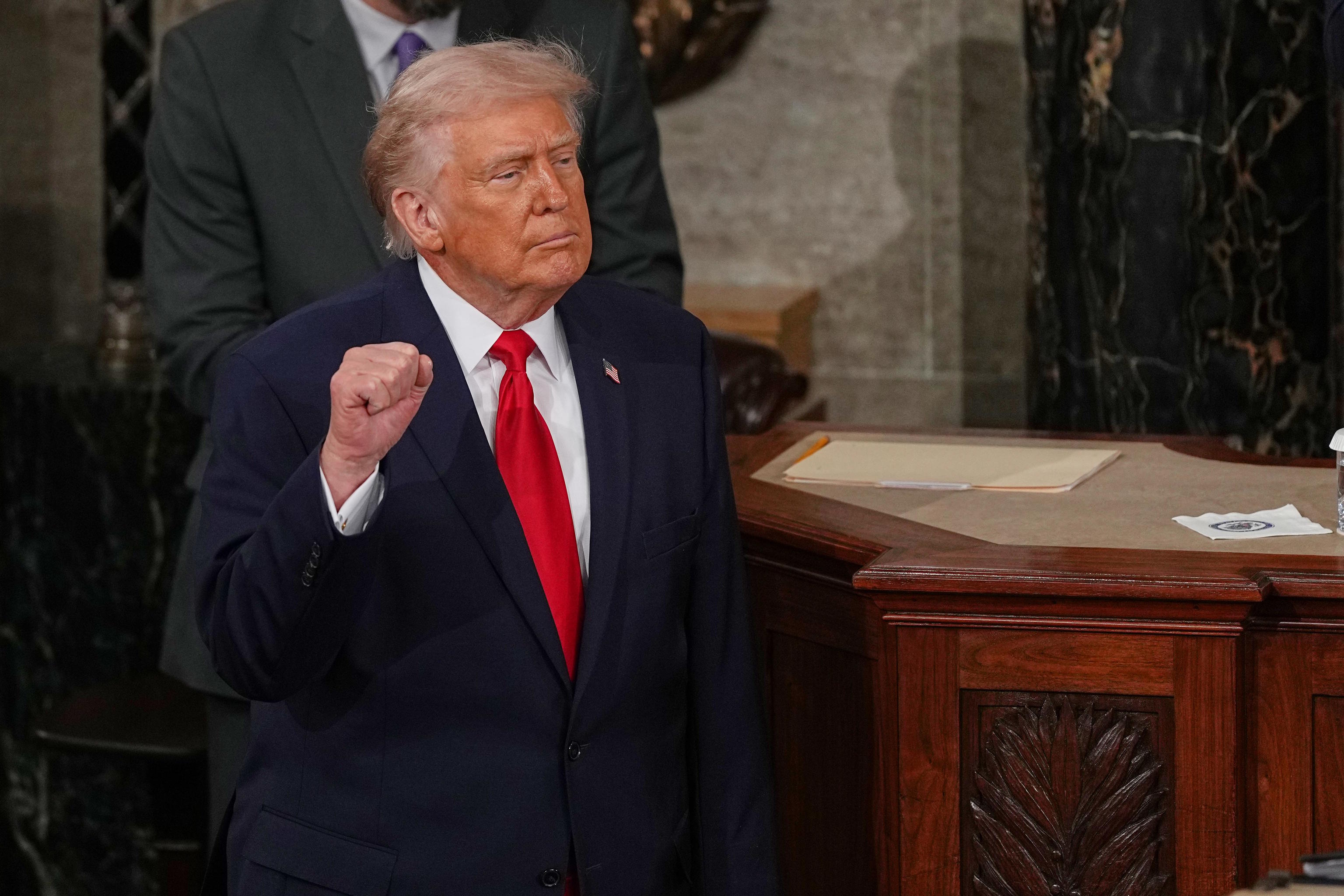 President Donald Trump gestures after delivering the State of the Union address.