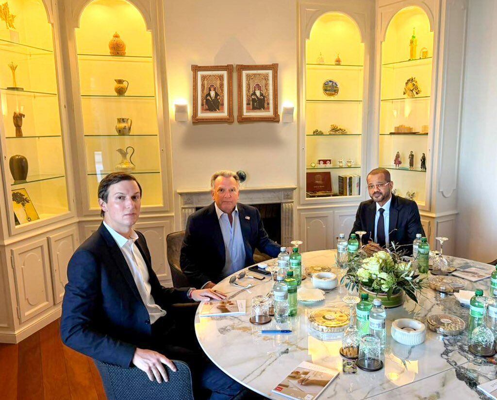 Oman's Minister of Foreign Affairs Sayyid Badr bin Hamad Al Busaidi, right, holds a meeting with White House special envoy Steve Witkoff, centre, and Jared Kushner