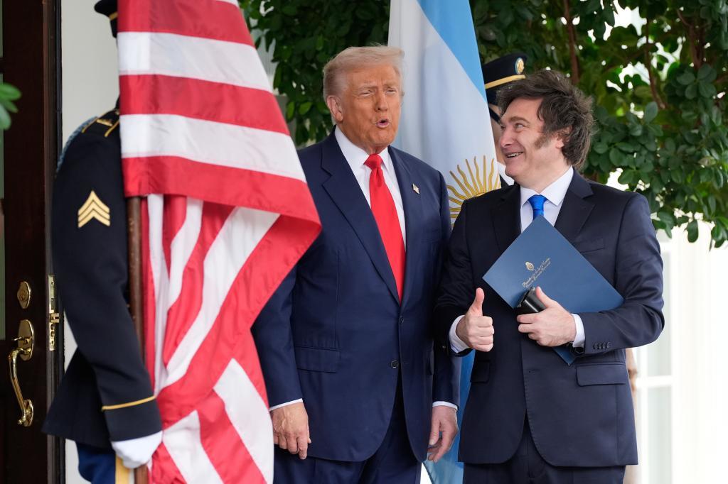 President Donald Trump greets Argentina's President Javier Milei at the White House