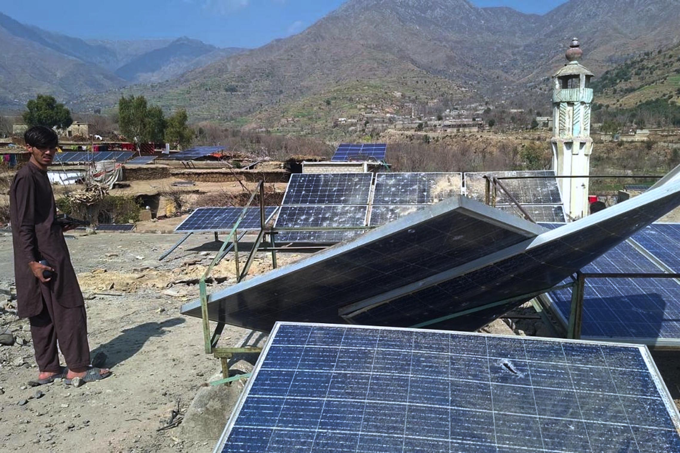 Damaged solar plates following overnight cross border fighting between Pakistan and Afghan forces.