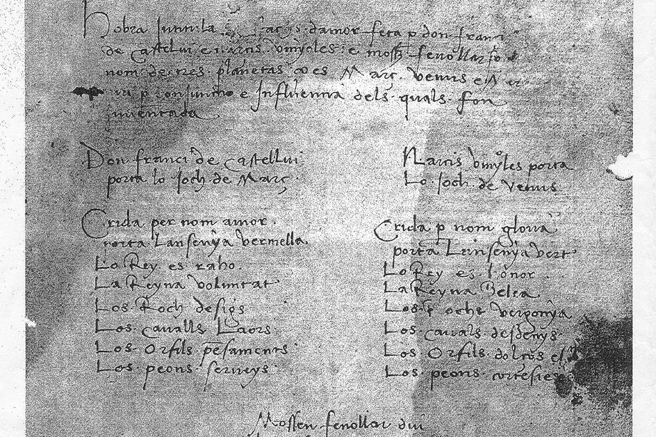 First page of the poem that gave rise to modern chess, 'Scachs d'amor.'