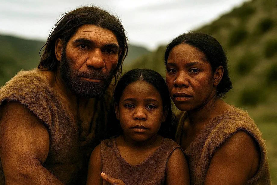 Recreation of a family with a Neanderthal father and a Homo sapiens mother.