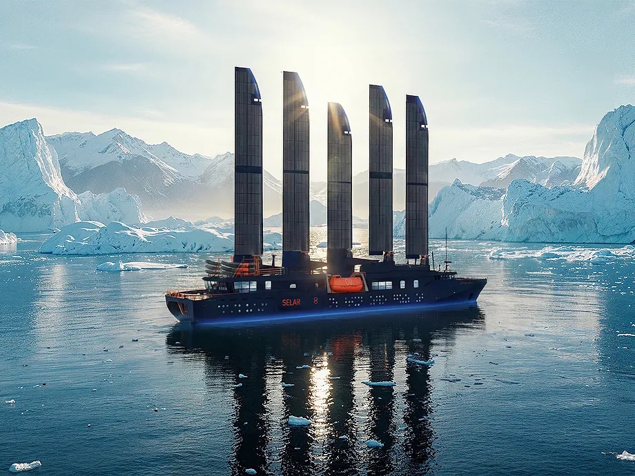 Solar panels on the sails of the pioneering expedition ship Selar.