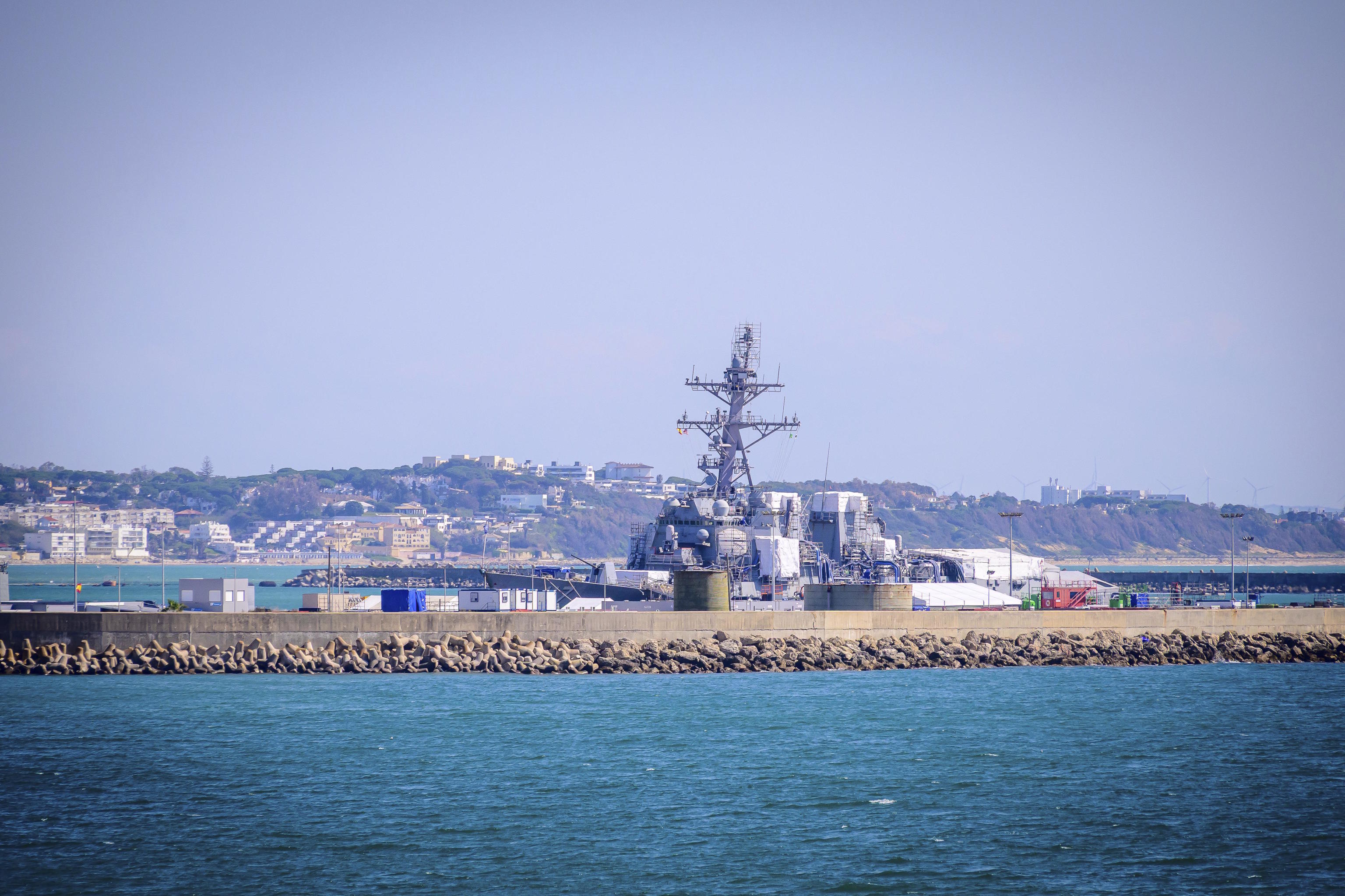 A military ship at the Naval Base in Rota.