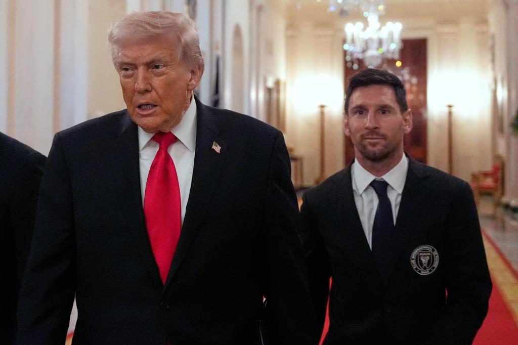 U.S. President Donald Trump welcomes Argentine footballer Lionel Messi to the White House.