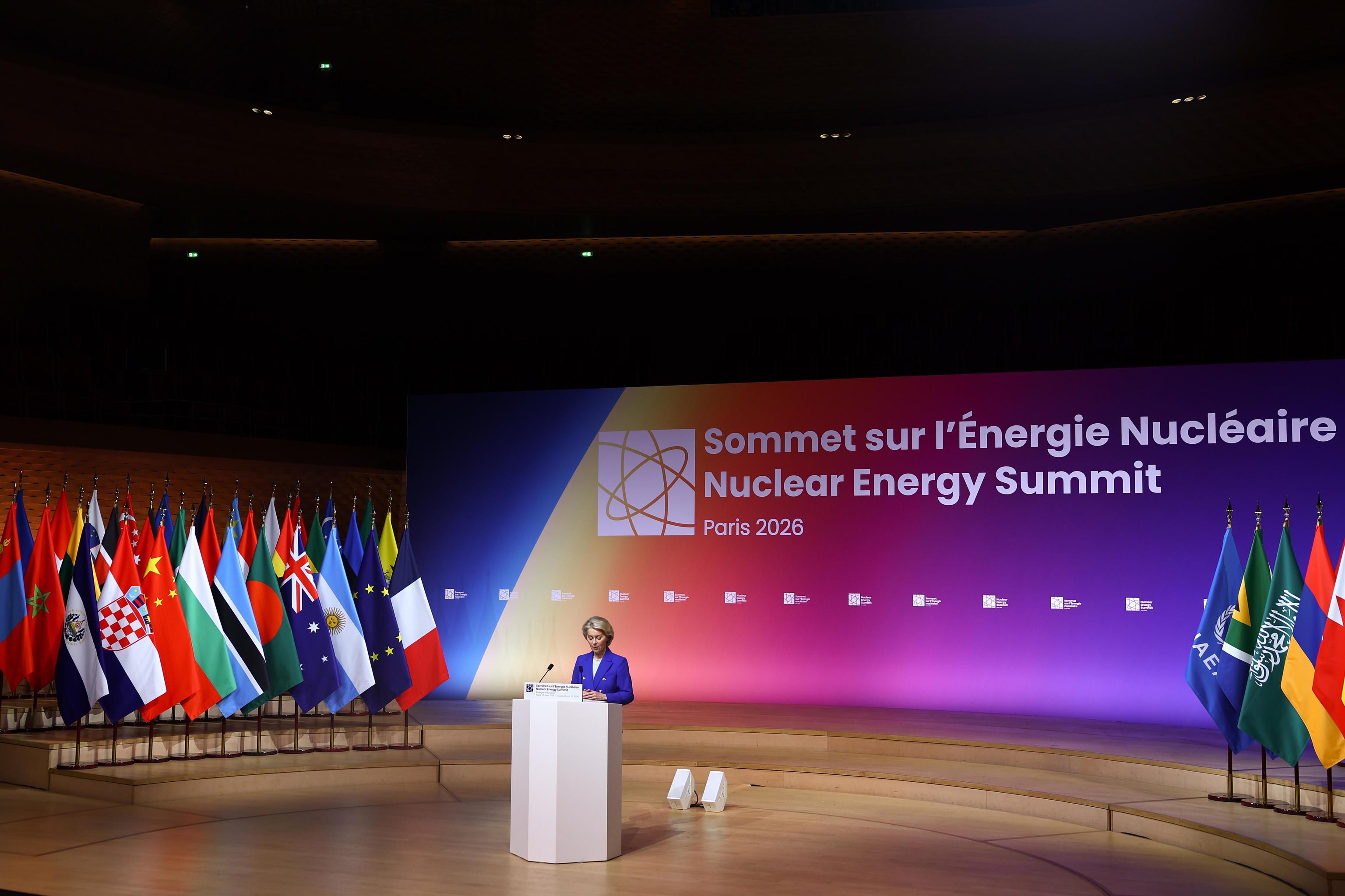 Von der Leyen speaks during the opening plenary session of the IAEA Nuclear Energy Summit in Paris.
