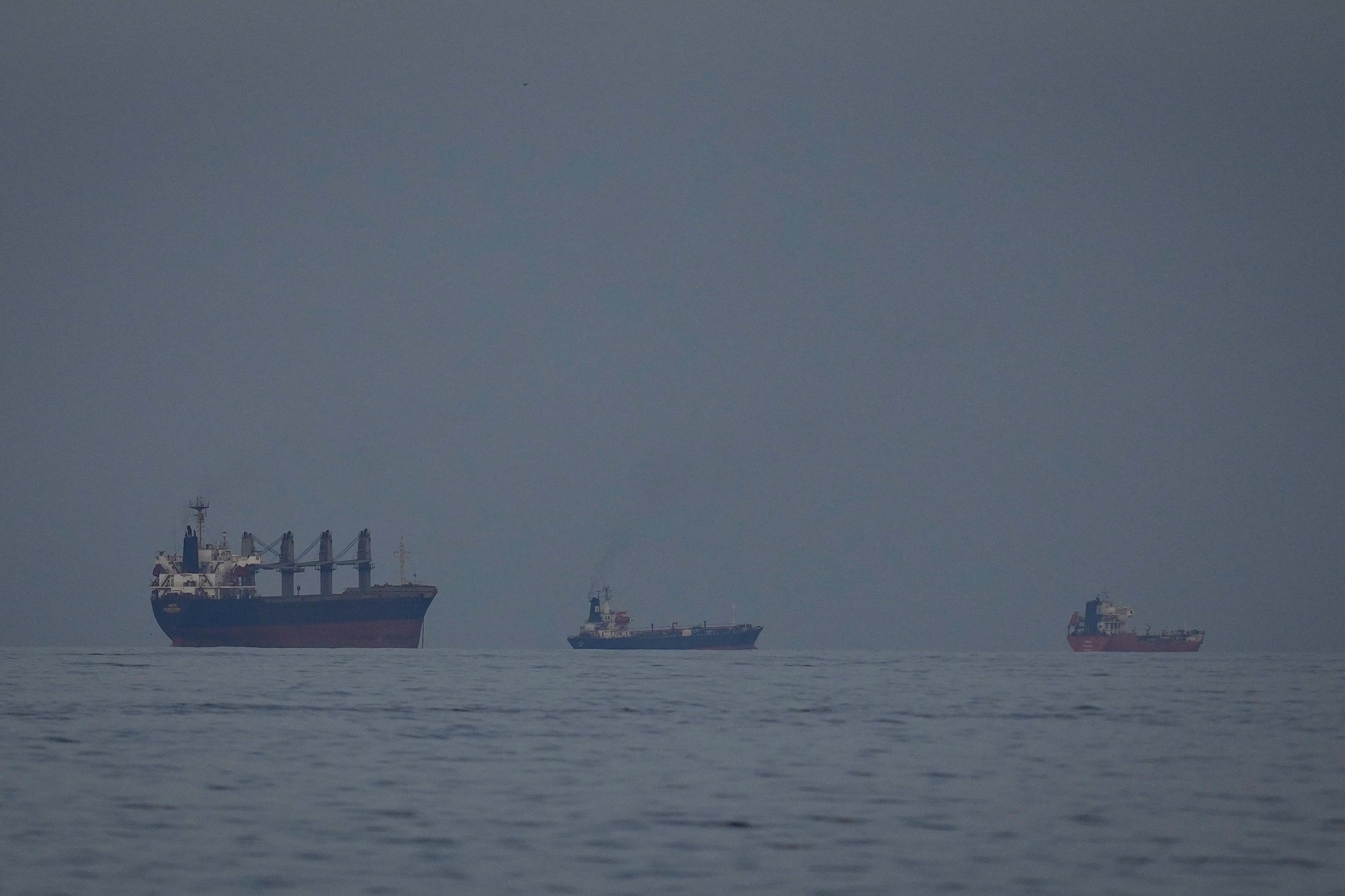 Oil tankers and ships line up in the Strait of Hormuz as seen from Khor Fakkan.