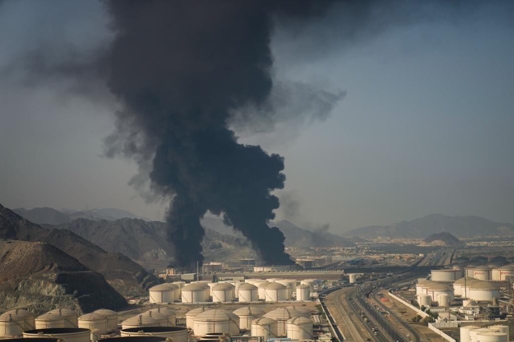 Fire and plumes of smoke rise from an oil facility in Fujairah