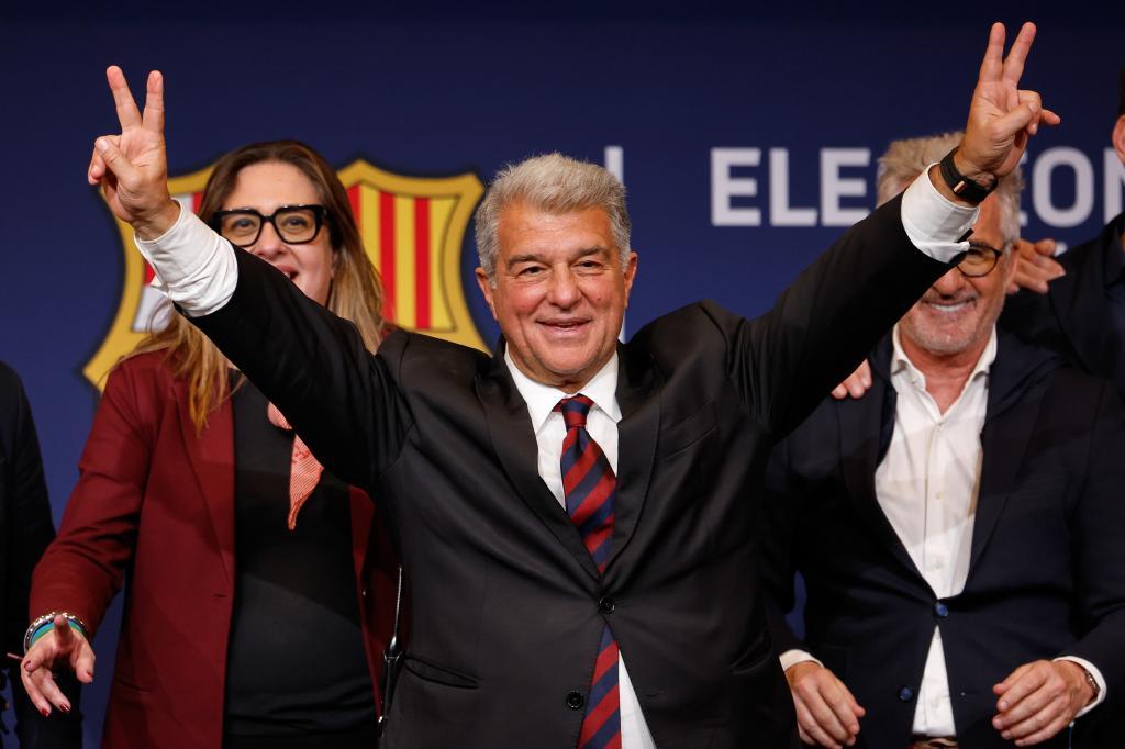 Joan Laporta gestures as he celebrates after being elected president of FC Barcelona