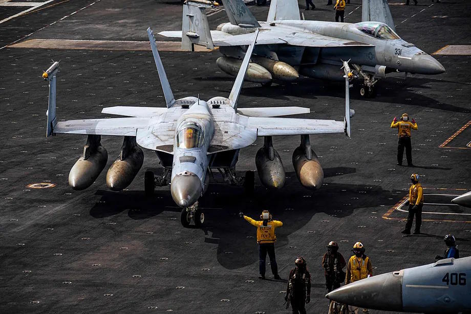 An American fighter jet on the aircraft carrier Gerald R. Ford.