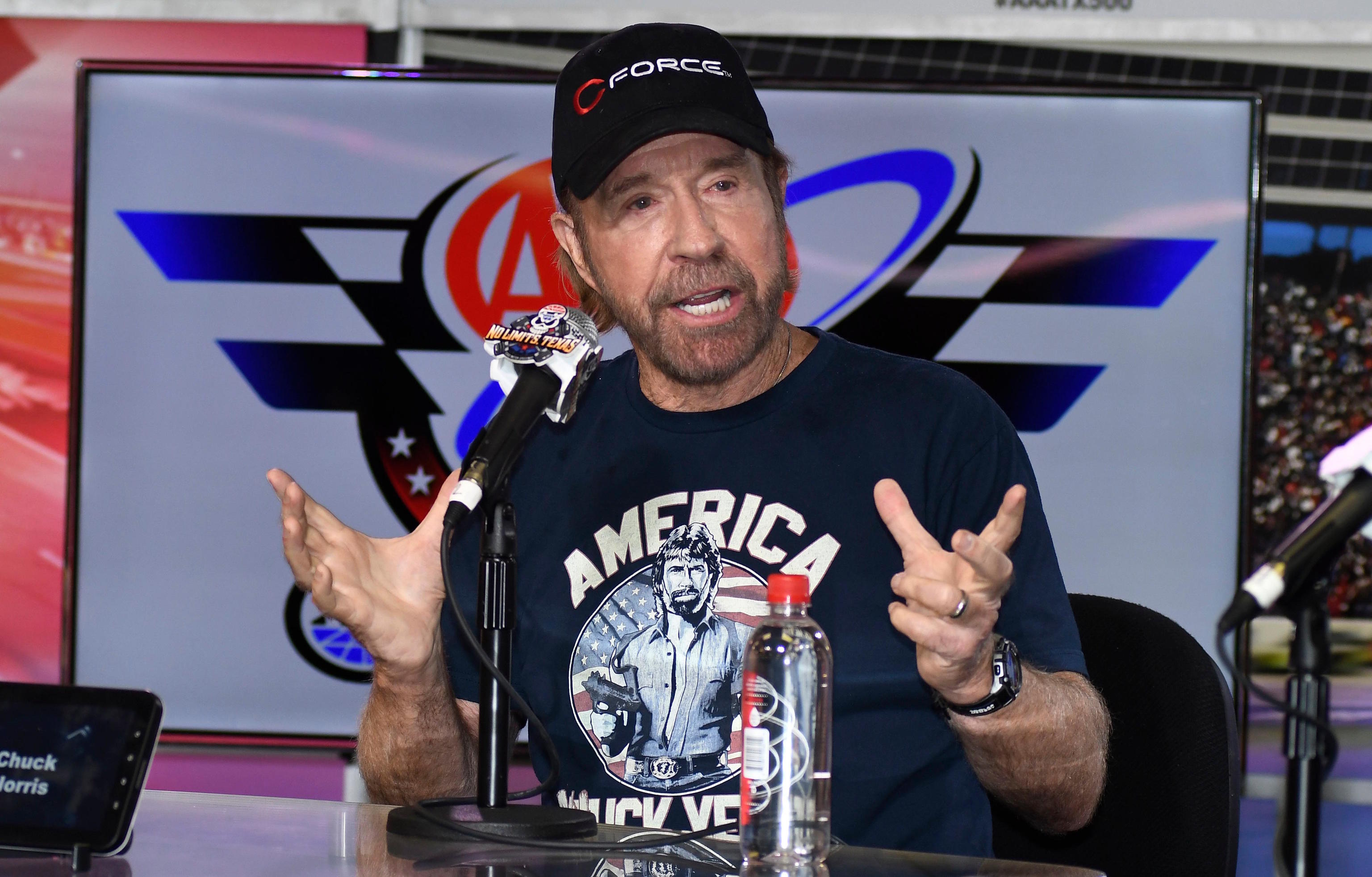 Chuck Norris speaks to reporters in 2016.