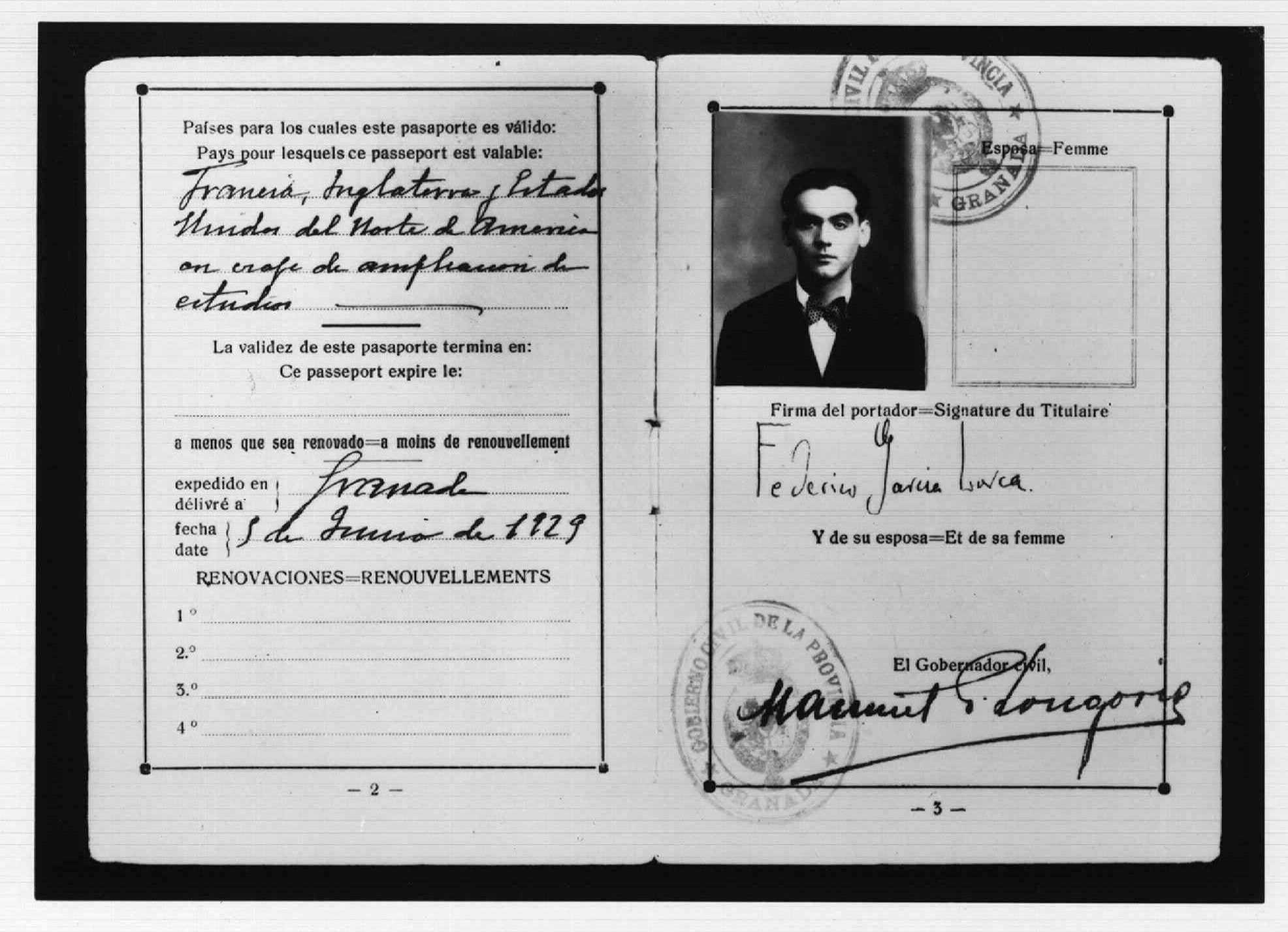 1929 archive photo of the poet's passport used to enter the United States.