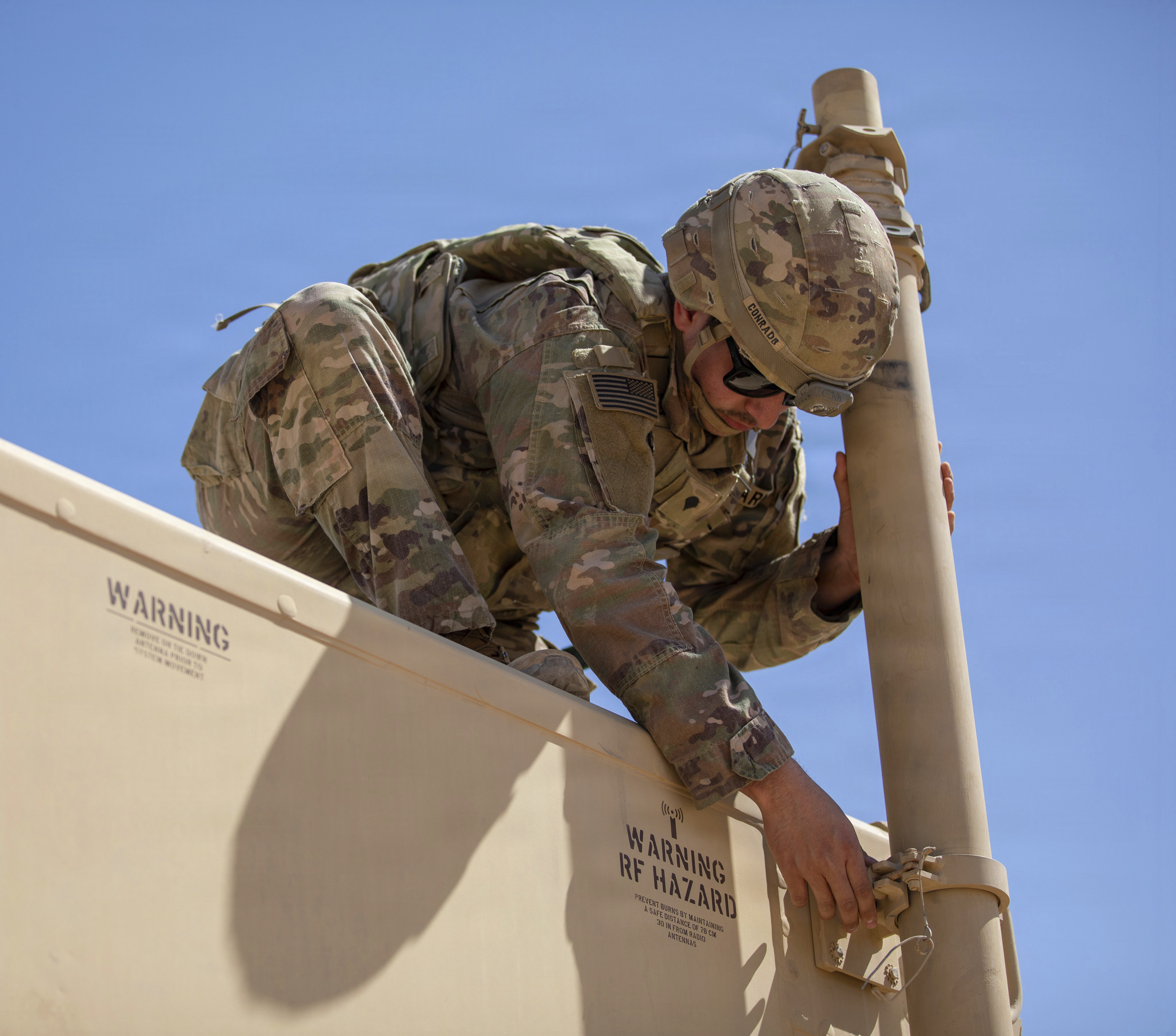 A U.S. Army Soldier performs maintenance inspections during Operation Epic Fury.
