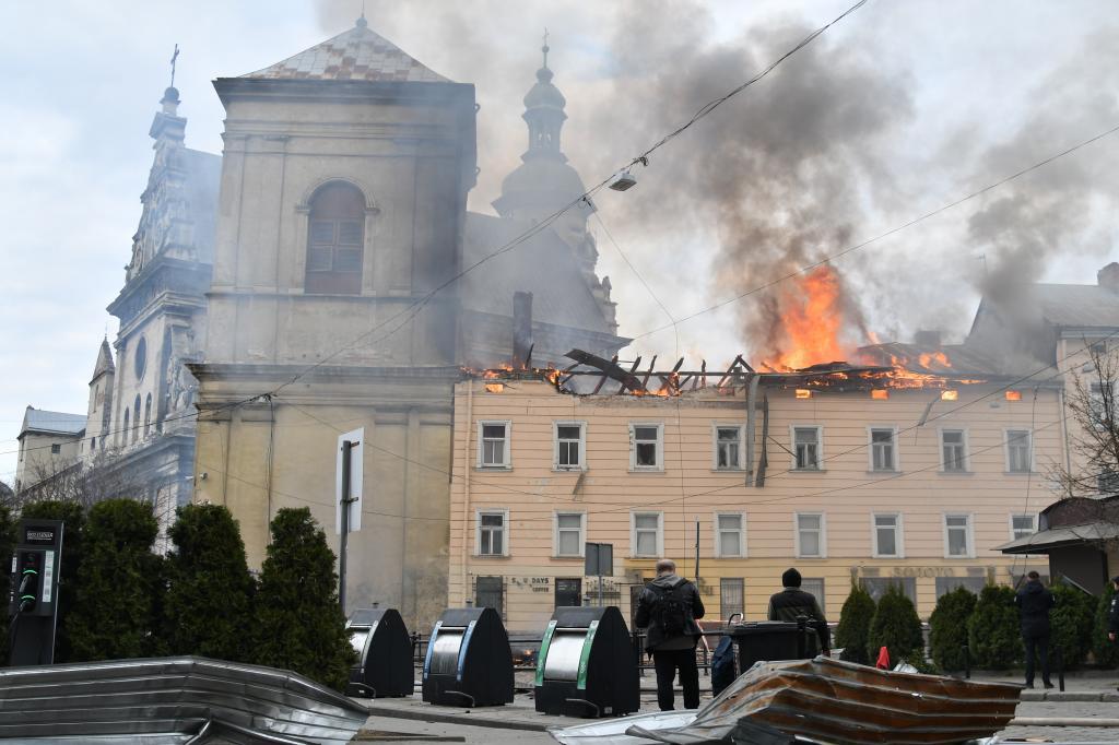 Fire and smoke raises above the city center following Russia's drone attack in Lviv