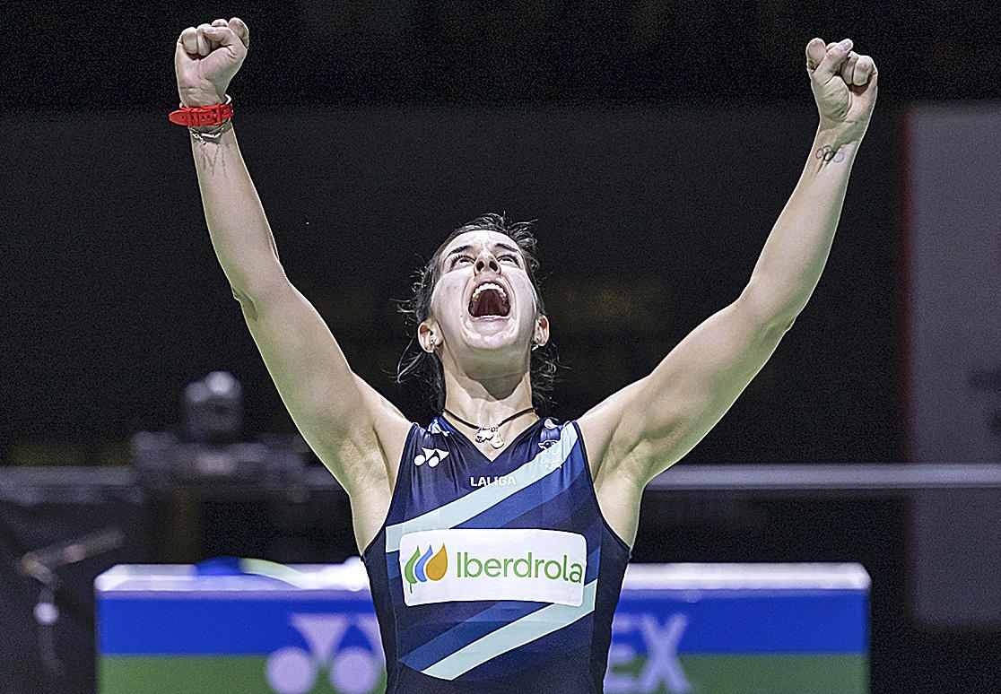 Spain's Carolina Marin celebrates.