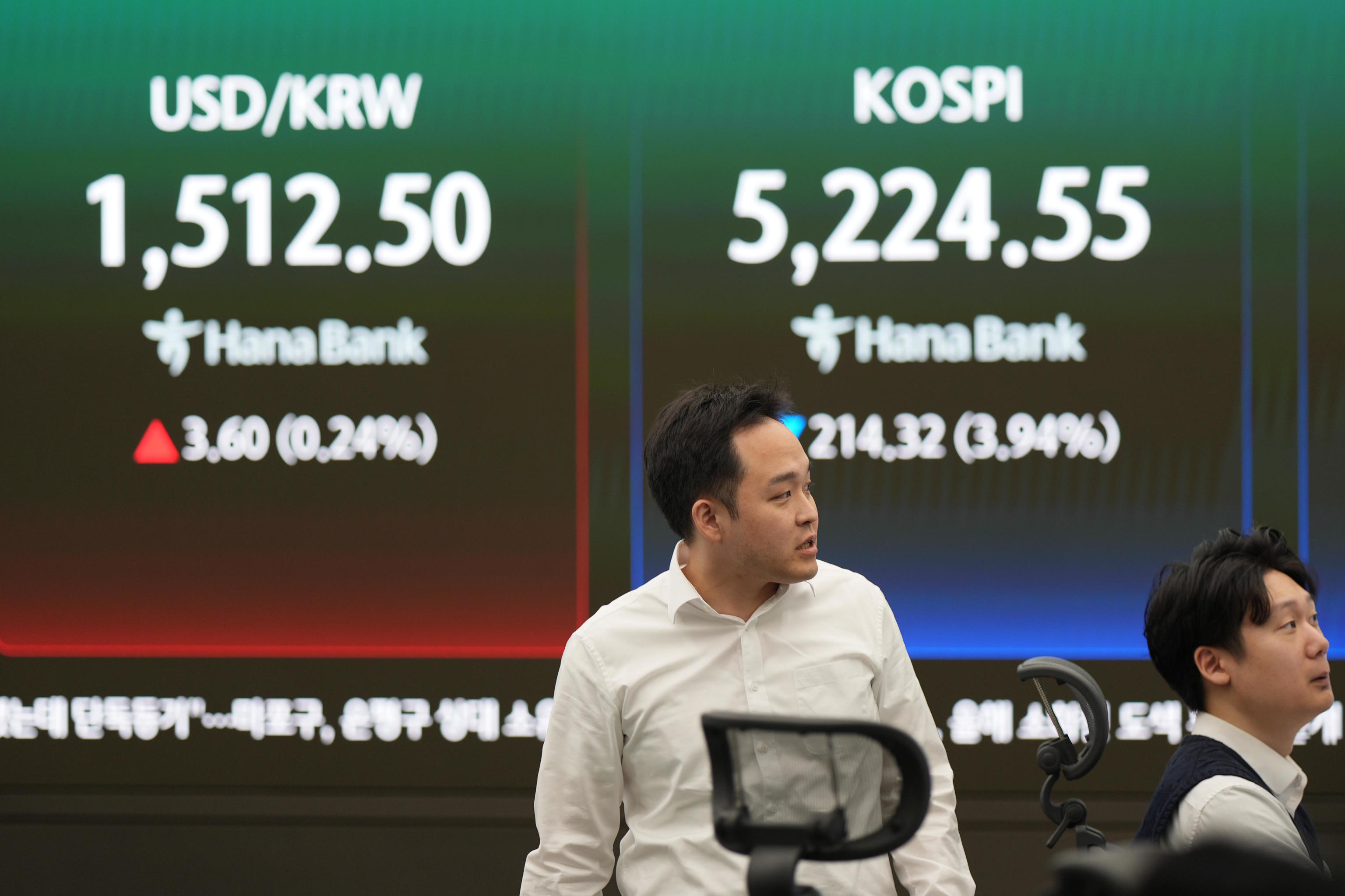 Dealers work near the screens showing the Korea Composite Stock Price Index (KOSPI).