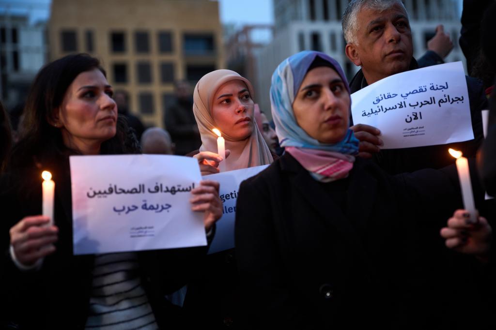 Journalists gather to protest the killing of two journalists, Ali Shoeib and Fatima Ftouni, in an Israeli airstrike in southern Lebanon