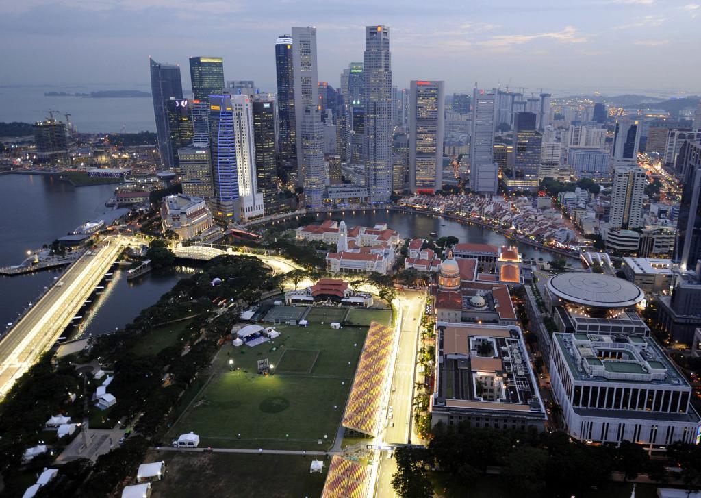 The Singapore skyline with the illuminated Marina Bay City Formula One Circuit