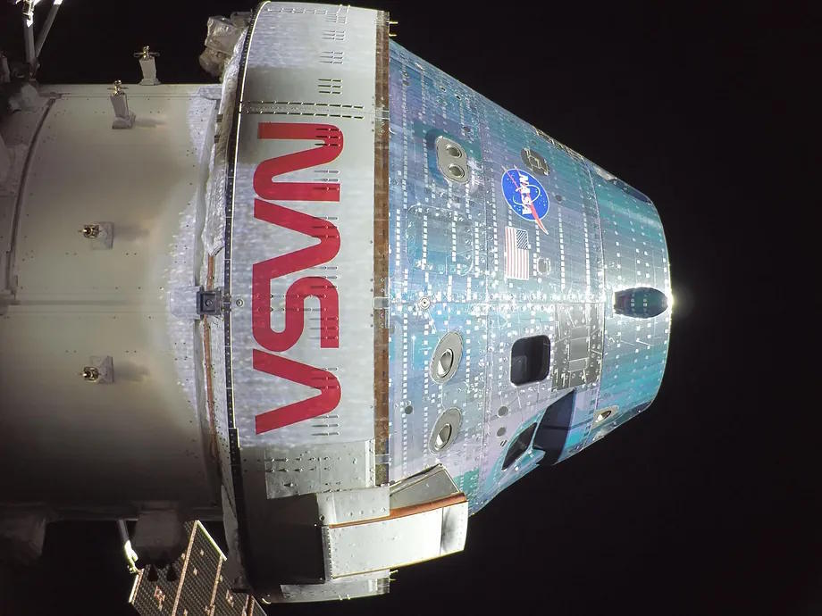 The Orion spacecraft took this selfie in space with an external camera during a routine inspection.
