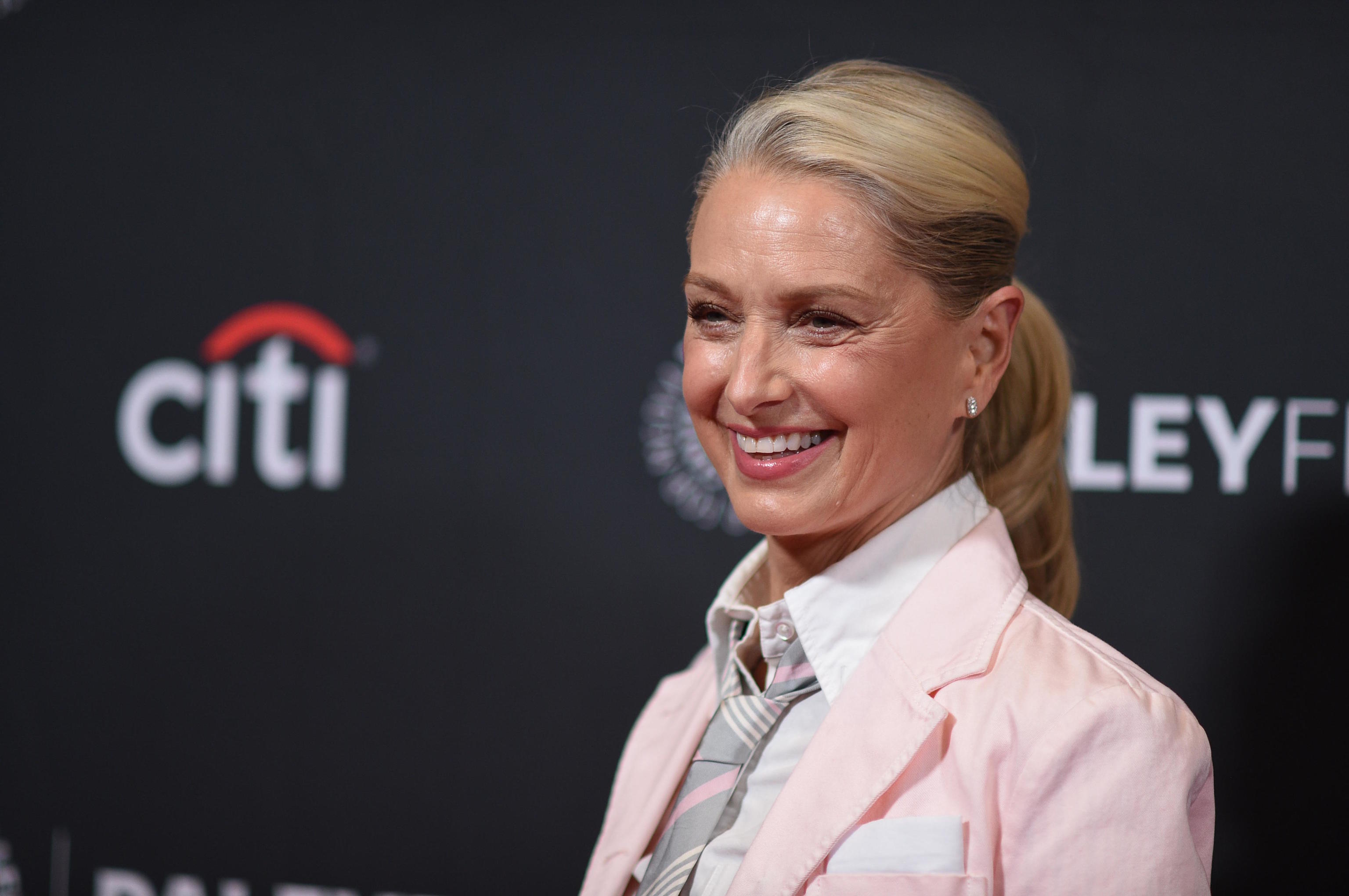 Katherine LaNasa arrives at a PaleyFest screening of "The Pitt".