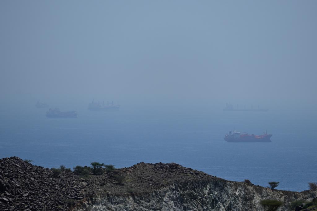 Tankers and bulk carriers anchored in the Strait of Hormuz
