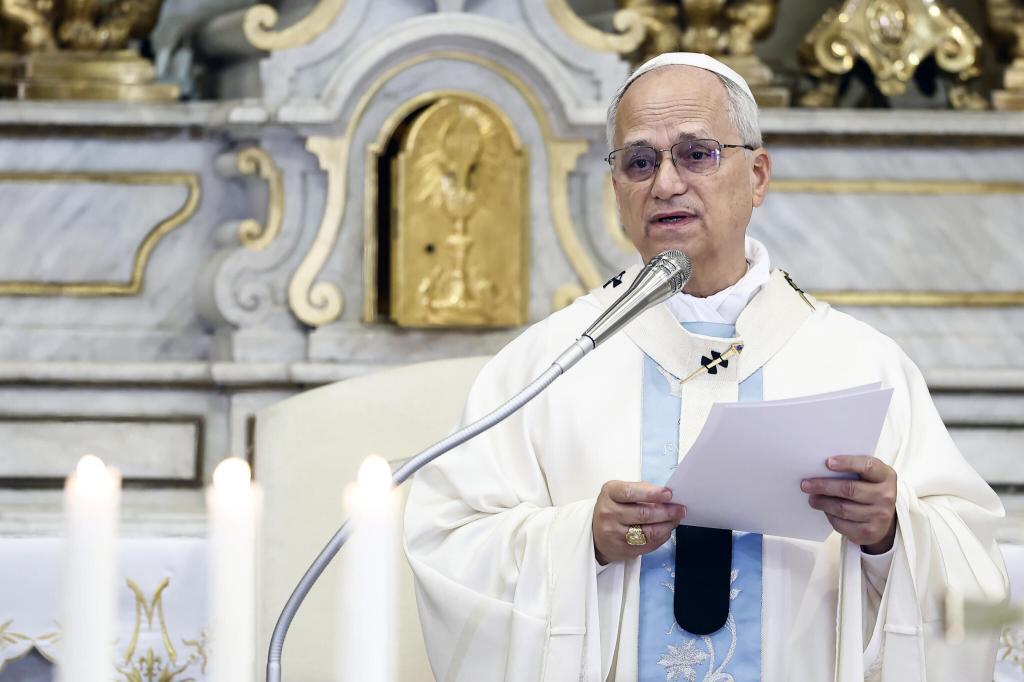 Pope Leo XIV celebrates a mass inside the St. Thomas of Villanova Church in Castel Gandolfo