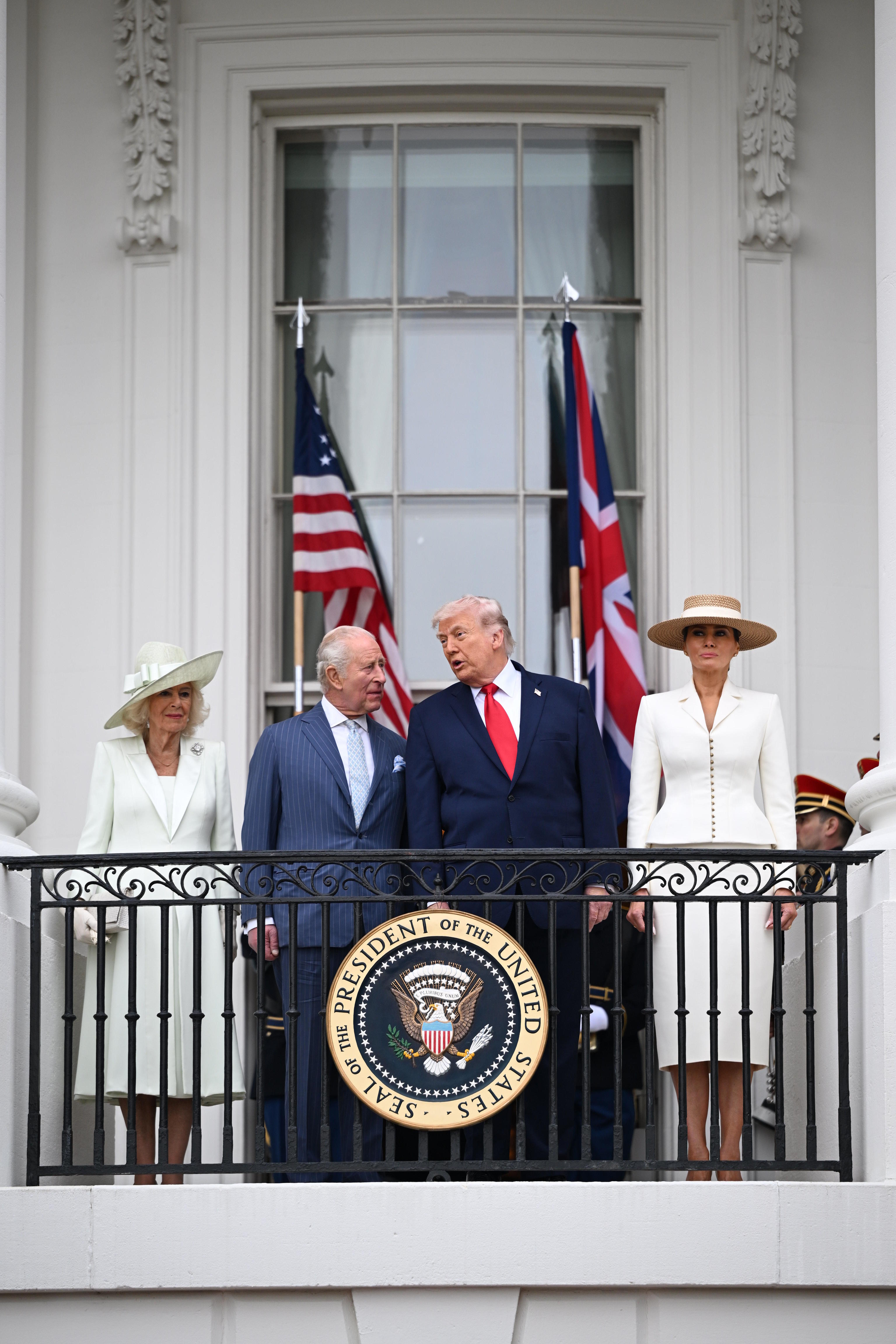 Queen Camilla, King Charles III, US President Trump and first lady Melania pose on the Blue Room Balcony.