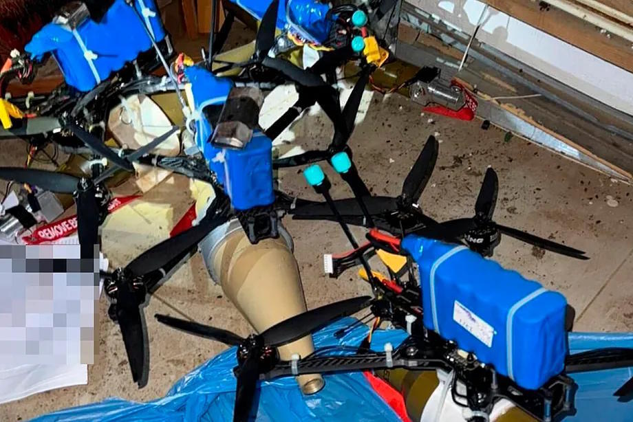 Part of the arsenal seized from Hezbollah members in Lebanon, including several FPV drones.