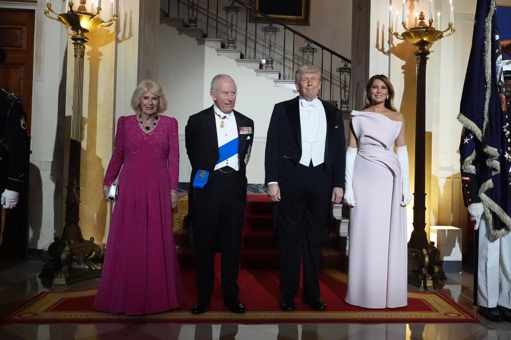 President Donald Trump and first lady Melania Trump pose for a photo with Britain's King Charles III and Queen Camilla