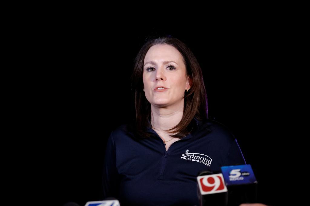 Emily Ward with the Edmond Police gives an update on a campground shooting at Arcadia Lake in Edmond