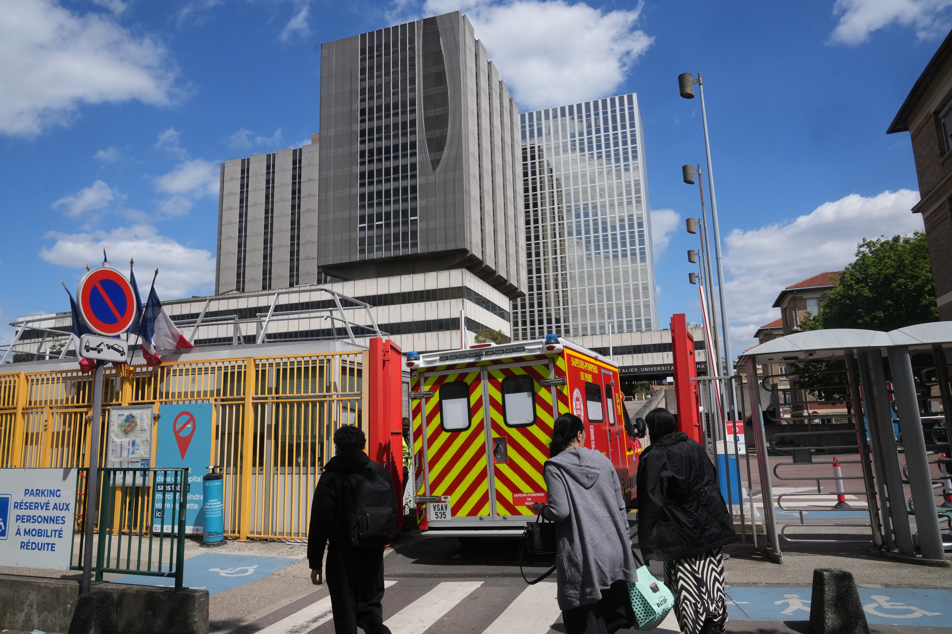 An ambulance enters Bichat Hospital where a woman who tested positive for hantavirus remains in intensive care in Paris.