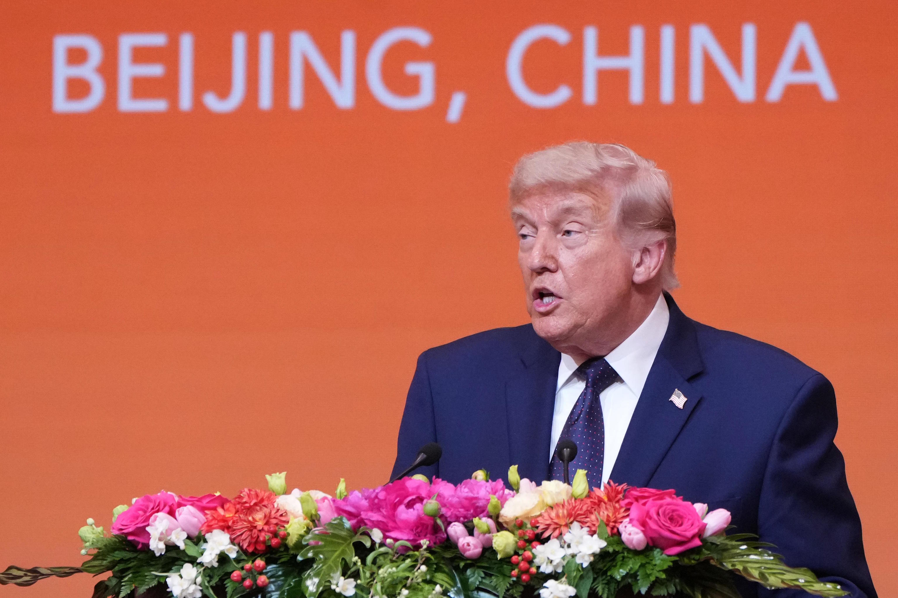 Trump speaks during a state dinner with China's President Xi Jinping.