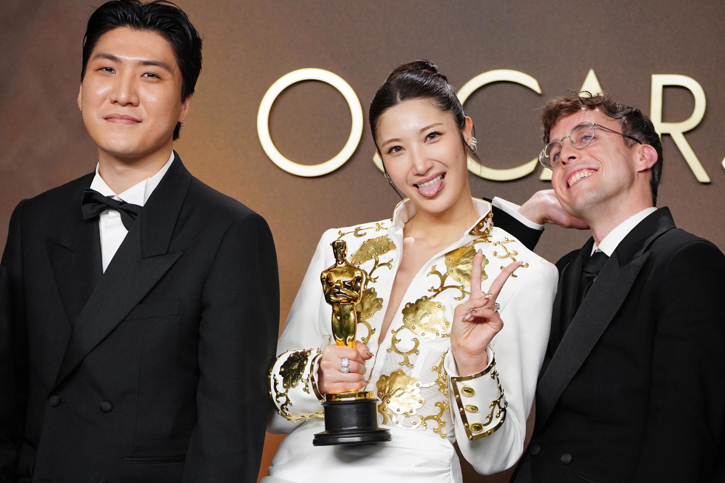 Joong Gyu Kwak, EJAE and Mark Sonnenblick, winners of the award for best original song for "Golden" from "K-pop Demon Hunters".