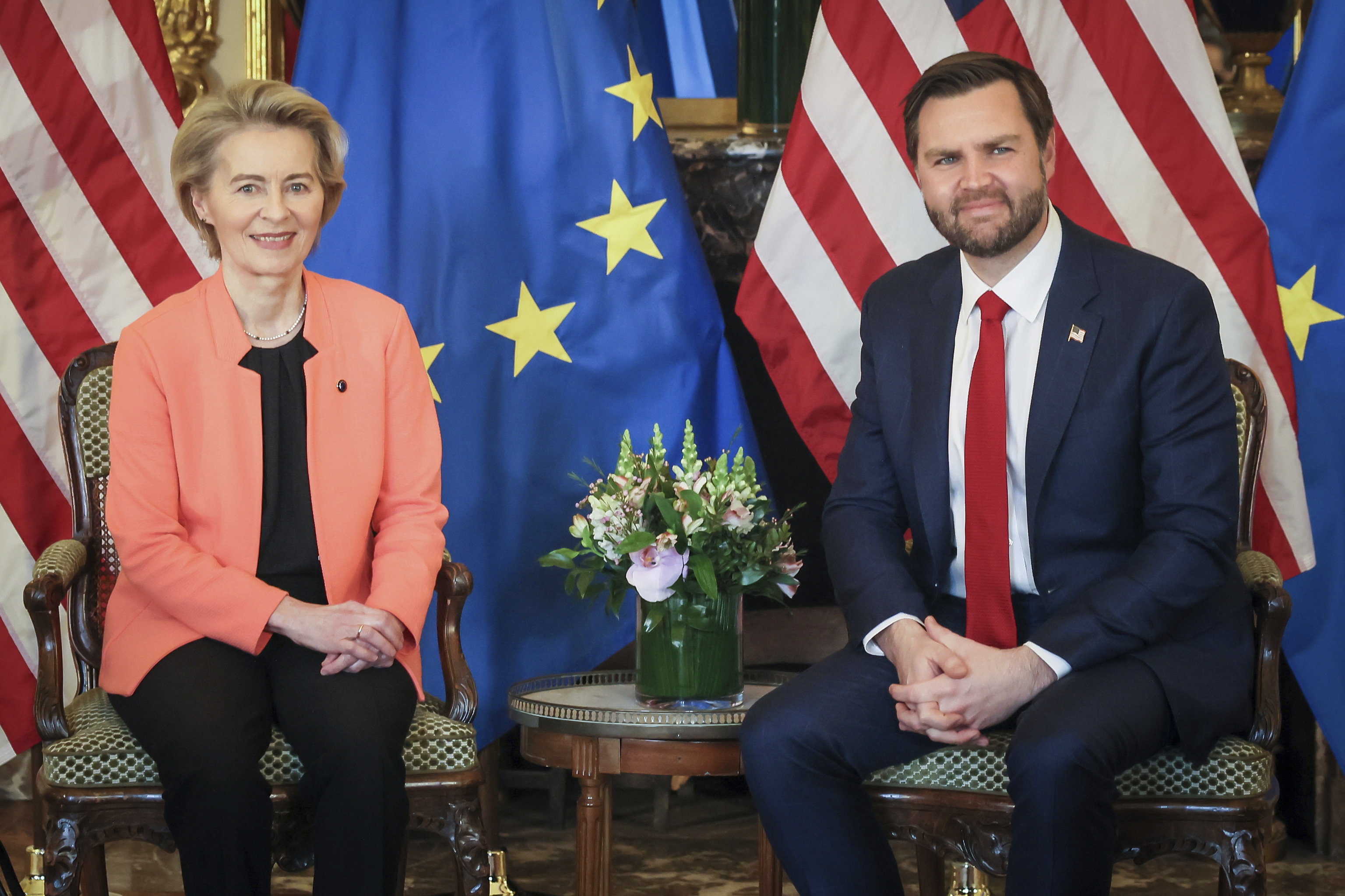United States Vice-President JD Vance, right, poses with European Commission President Ursula von der Leyen.