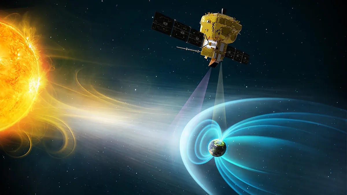 Artistic recreation of the SMILE spacecraft in polar orbit studying how the solar wind interacts with Earth's magnetic field.