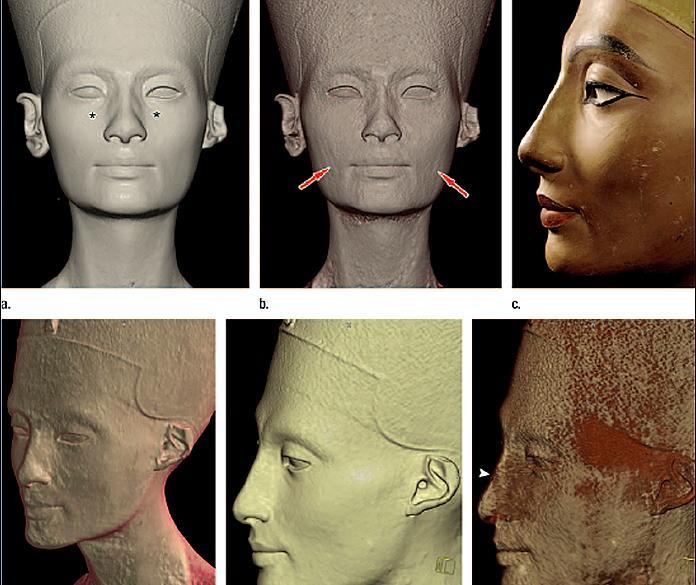 Stages of the CT scan (computed tomography) that has revealed the face of Queen Nefertiti.