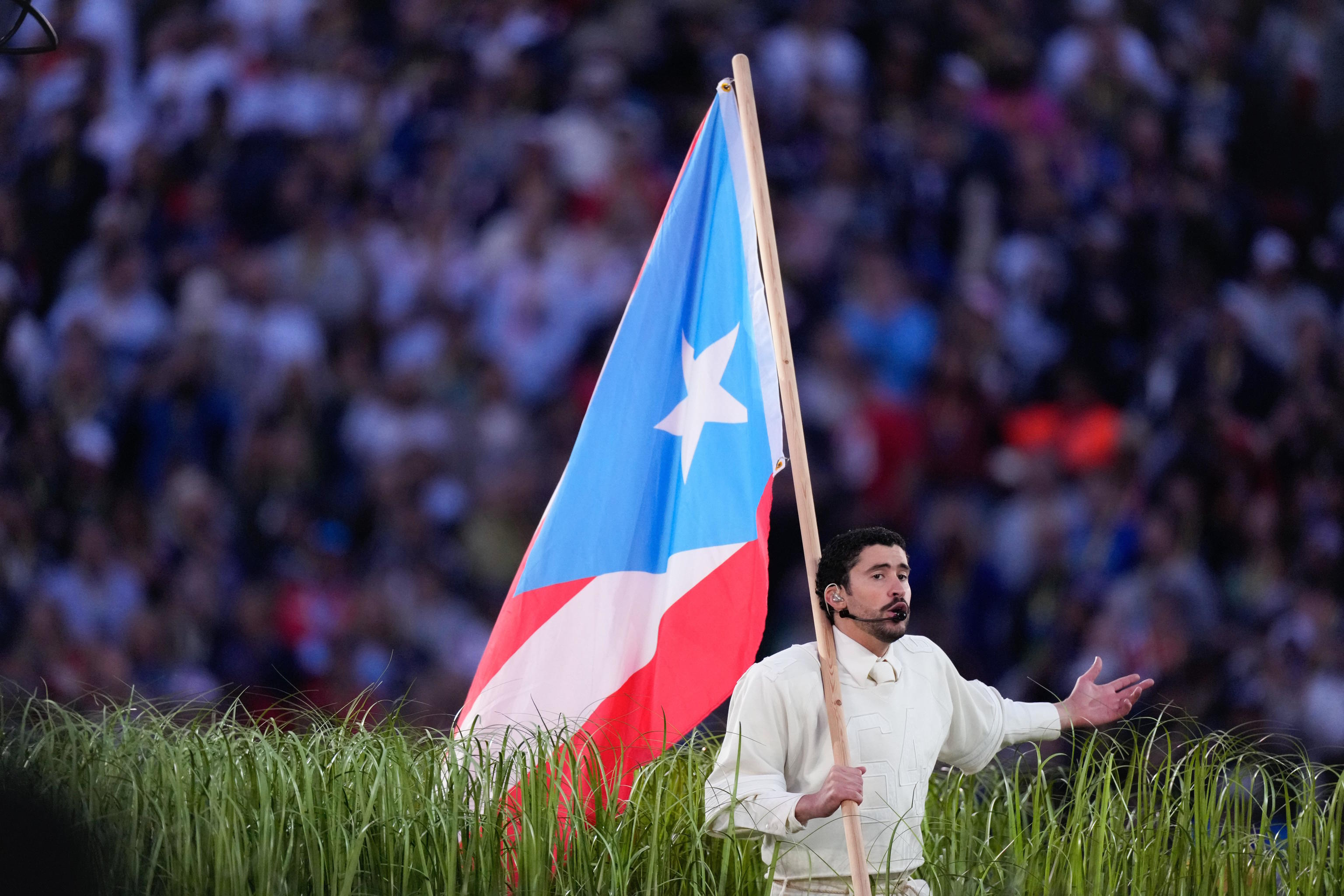 Bad Bunny performs during halftime of the NFL Super Bowl.