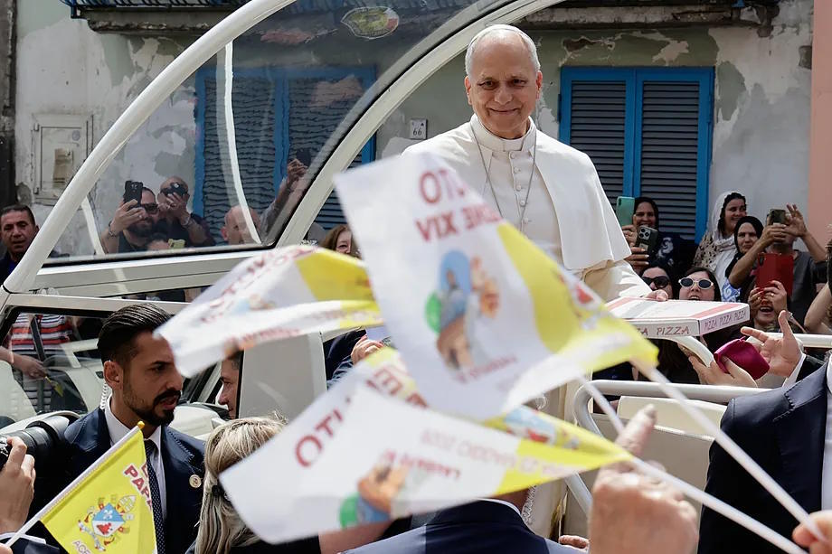 The Pope, aboard his popemobile during a one-day pastoral visit to Acerra, Italy, on May 23.