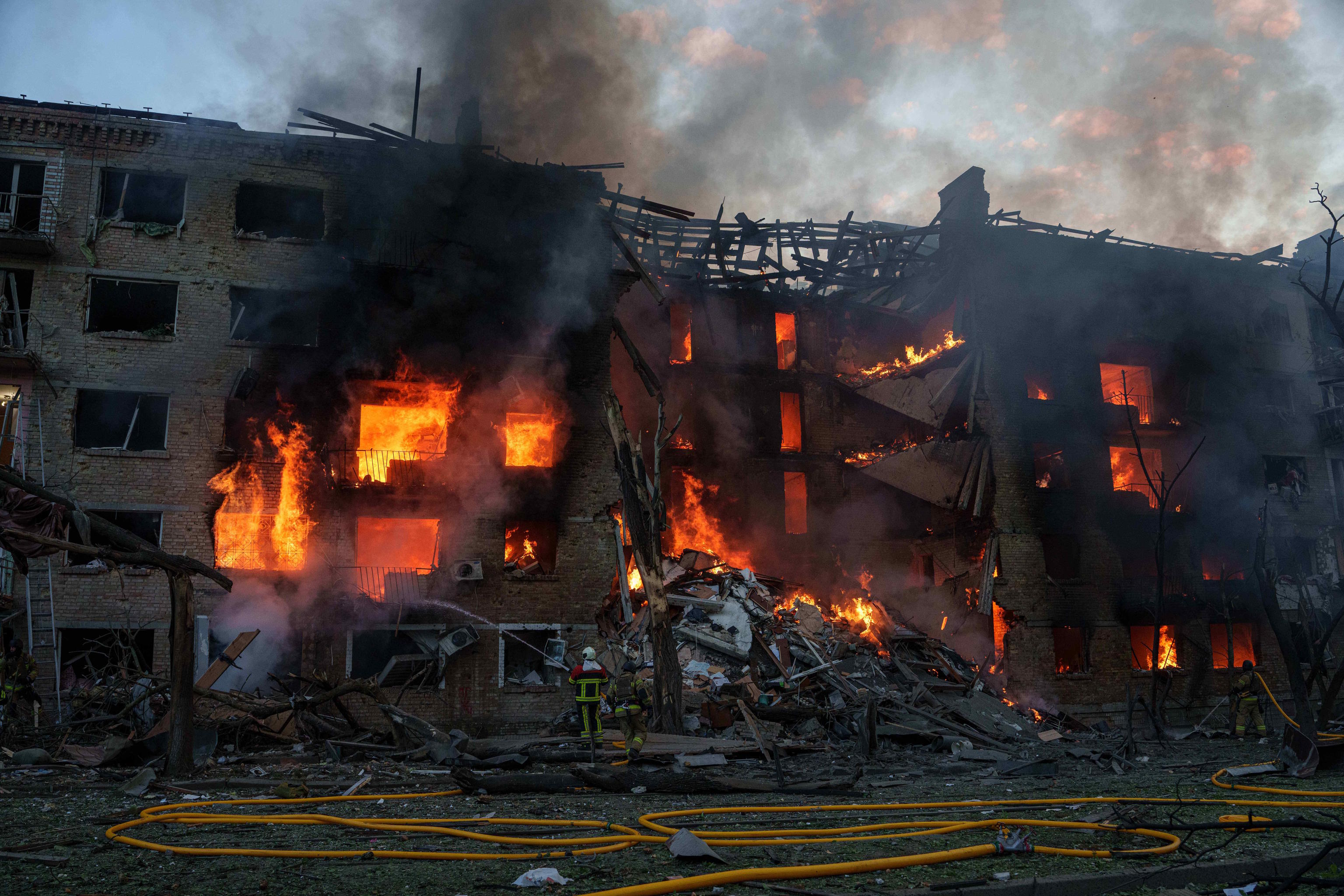 Fire in a residential building after a Russian attack in Kyiv.