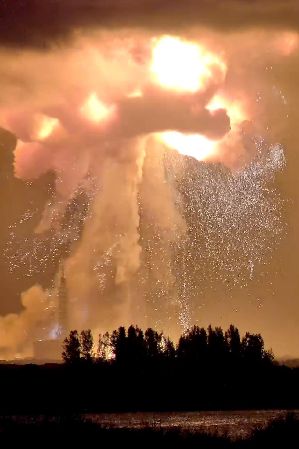 A Blue Origin New Glenn rocket explodes during an engine-firing test on Thursday,