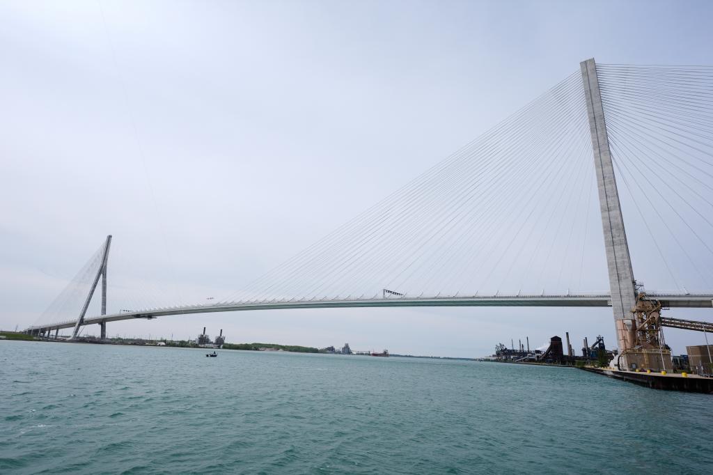 The Gordie Howe Bridge is shown under construction between Windsor, Ontario and Detroit,