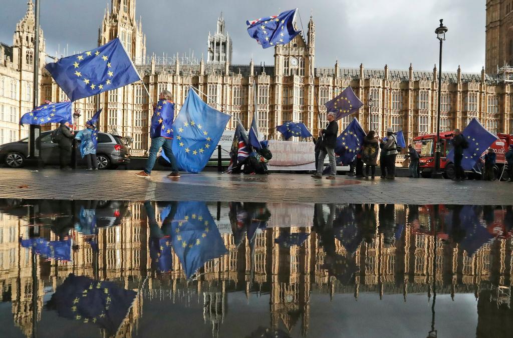 Protestors are reflected in a large puddle as they wave European flags to demonstrate against Brexit in front of the Parliament in London
