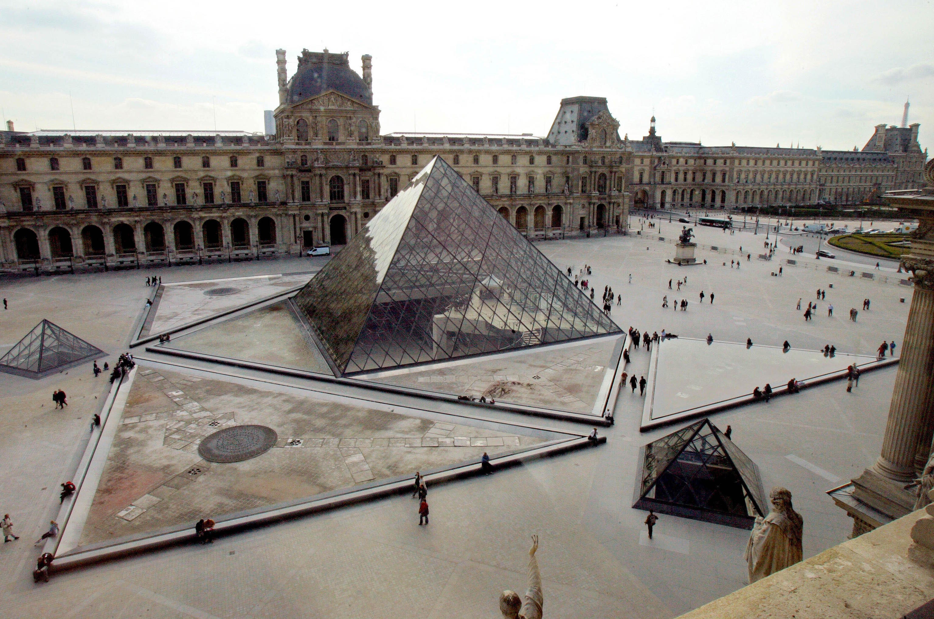 A view of the Louvre's pyramid, and the southern wing of the Louvre building.