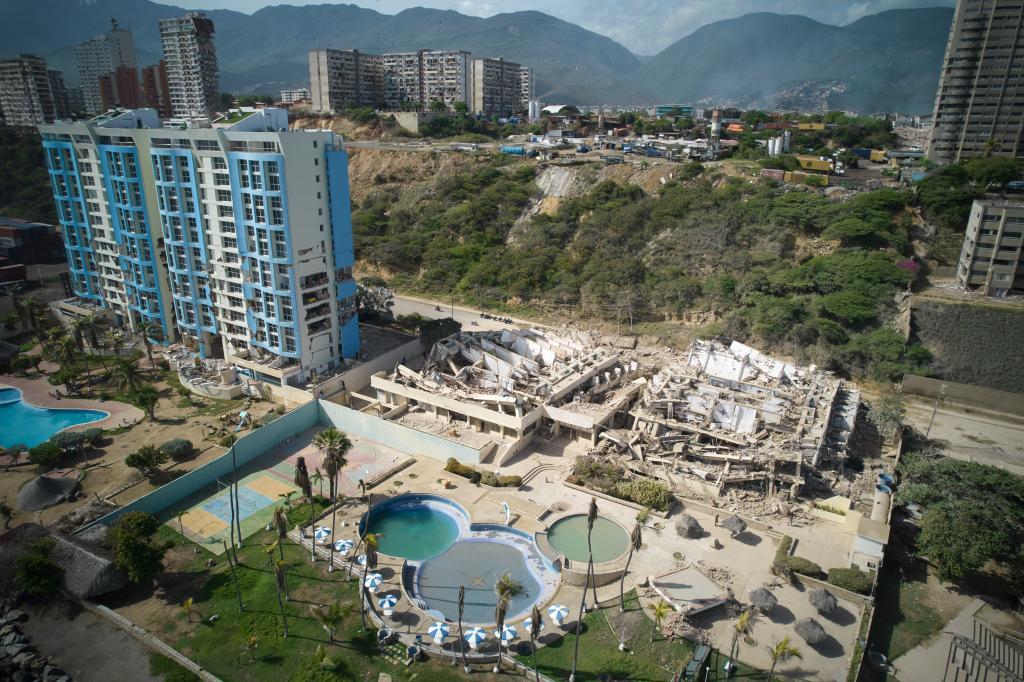 Buildings in ruins one day after the earthquakes that shook La Guaira, Venezuela