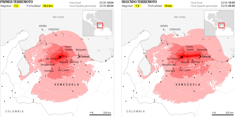 The two earthquakes that devastated northern Venezuela. Intensity according to the MMI scale, in degrees.