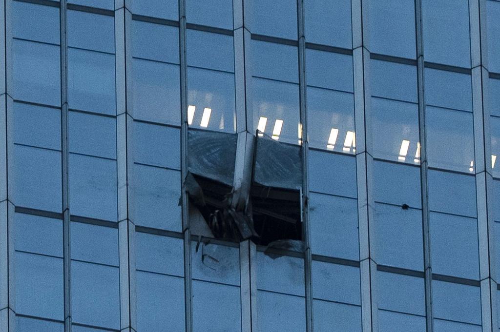 The surface of the Citic Tower also known as Zun Tower is damaged in Beijing