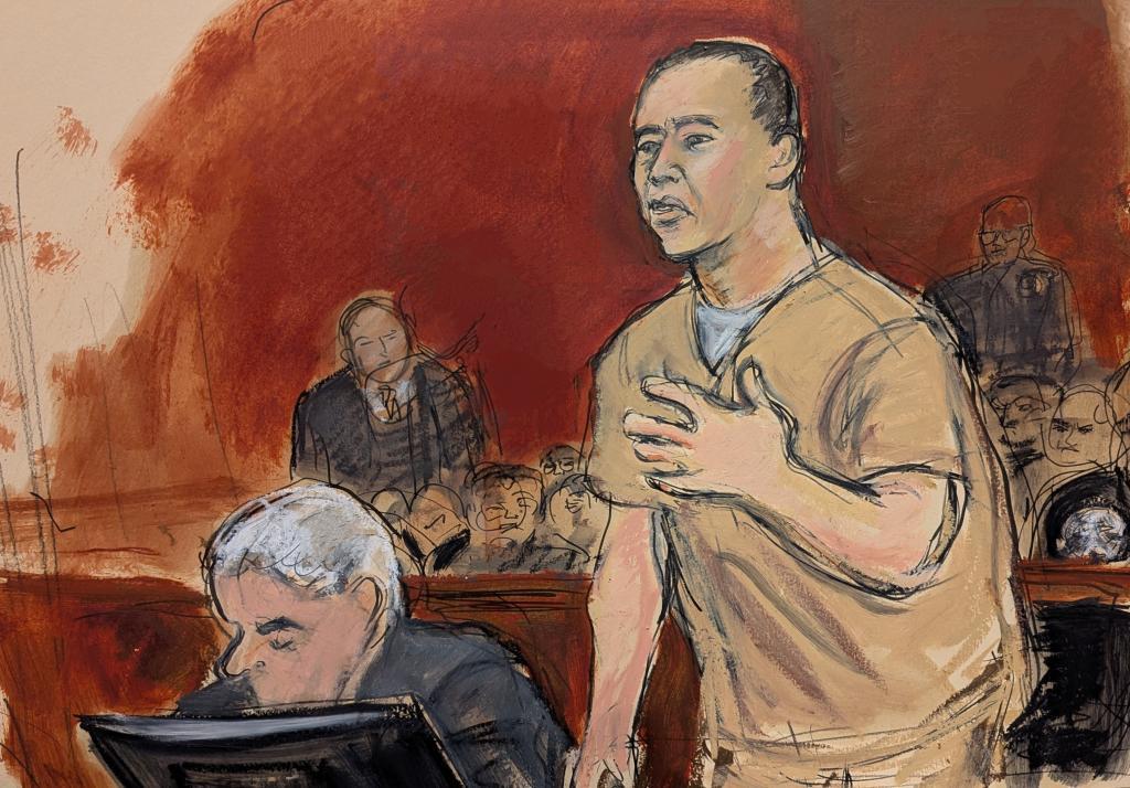 In this courtroom sketch, Guo Wengui, Chinese business tycoon